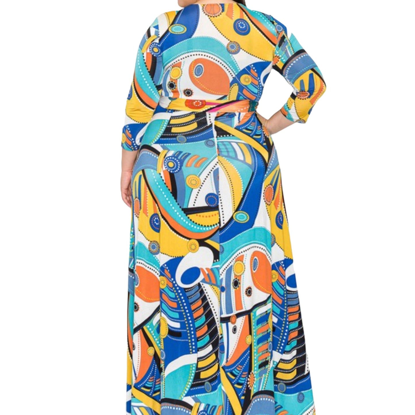 Vibrant Geometric Faux Wrap Maxi Dress