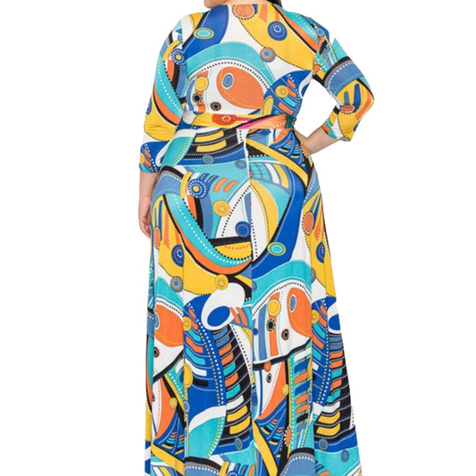 Vibrant Geometric Faux Wrap Maxi Dress