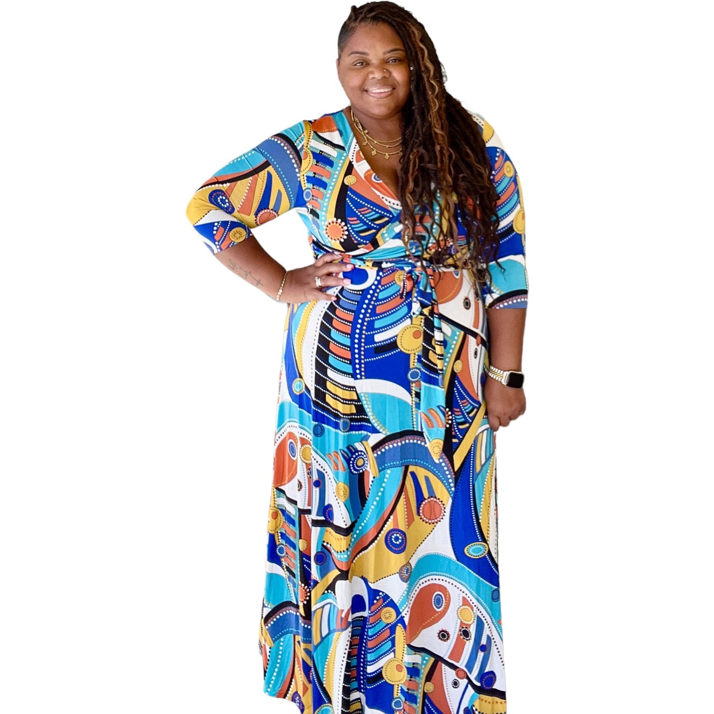 Vibrant Geometric Faux Wrap Maxi Dress