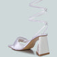 Pristine Satin Strap Triangular Block Heel Sandals