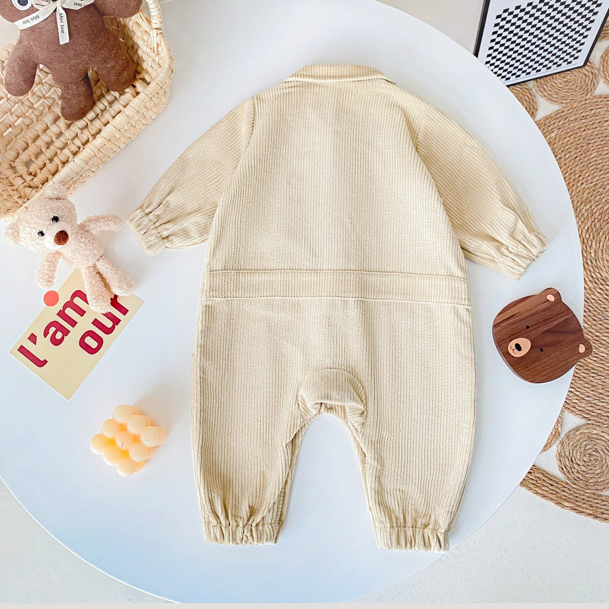 3D Cartoon Bear Patched Design Corduroy Fabric Button Front Romper
