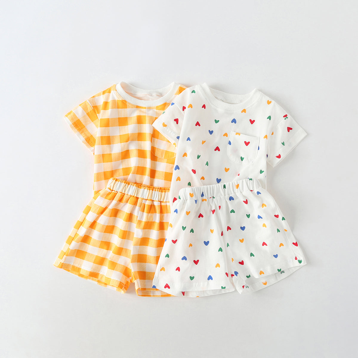1pcs Plaid & Heart Pattern Tee Combo Shorts Simply Style Sets