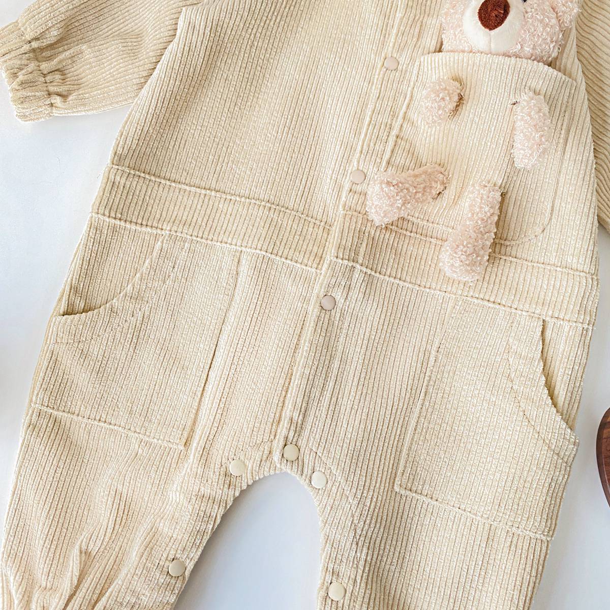 3D Cartoon Bear Patched Design Corduroy Fabric Button Front Romper