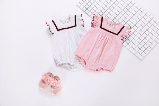 1pcs Contrast Tape Patched Frill Trim Sleeveless Onesies & Hat