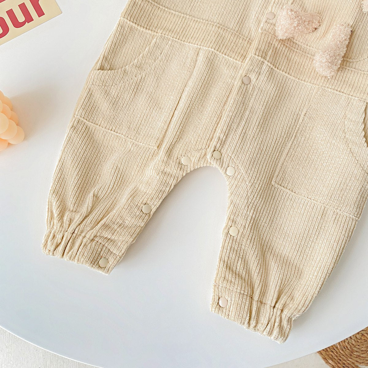 3D Cartoon Bear Patched Design Corduroy Fabric Button Front Romper