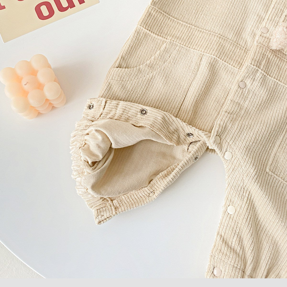 3D Cartoon Bear Patched Design Corduroy Fabric Button Front Romper