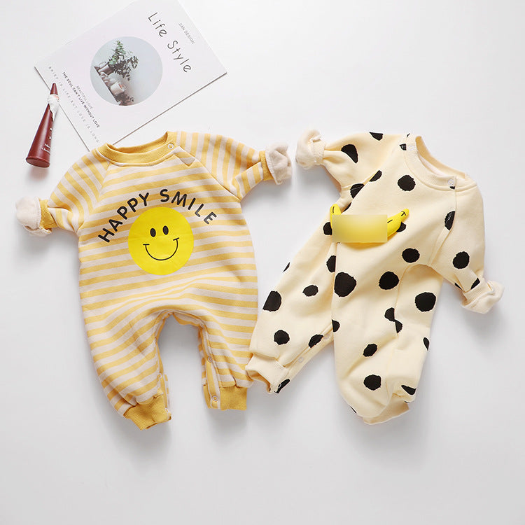 1pcs Striped & Dot Pattern Long Sleeved Romper Jumpsuit