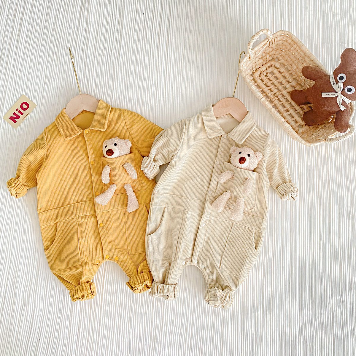 3D Cartoon Bear Patched Design Corduroy Fabric Button Front Romper