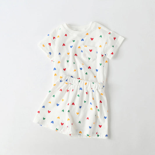 1pcs Plaid & Heart Pattern Tee Combo Shorts Simply Style Sets