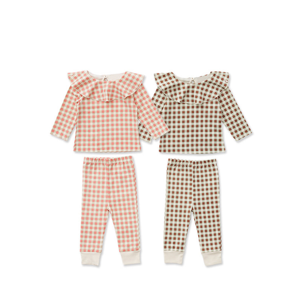 Cartoon & Plaid Pattern Ruffle Neck Design Long Sleeve Sets