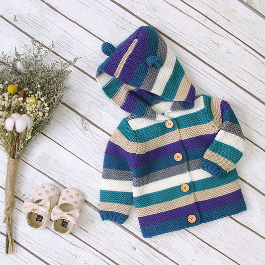 Colorful Striped Pattern Button Front Knitted Cardigan With Hat