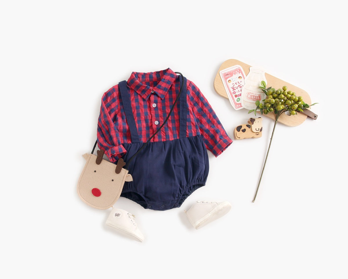 1pcs Plaid Pattern False 1 Pieces Design Lapel Bodysuit Onesies