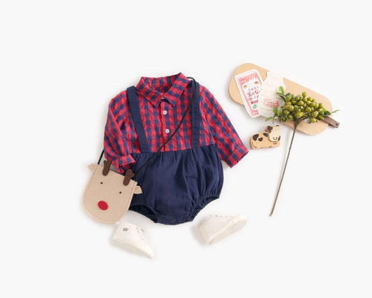 1pcs Plaid Pattern False 1 Pieces Design Lapel Bodysuit Onesies