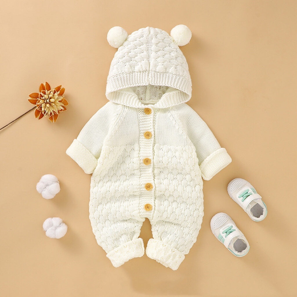 1pcs Cable Knitted Graphic Button Front Design Rompers With Hairball Patched Hat
