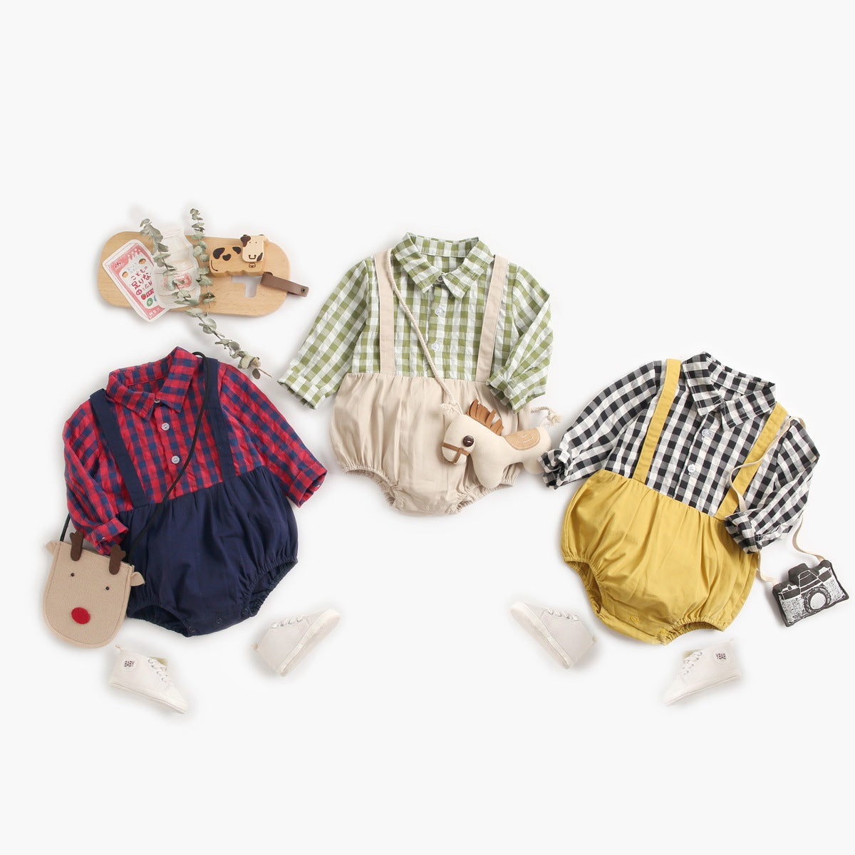 1pcs Plaid Pattern False 1 Pieces Design Lapel Bodysuit Onesies