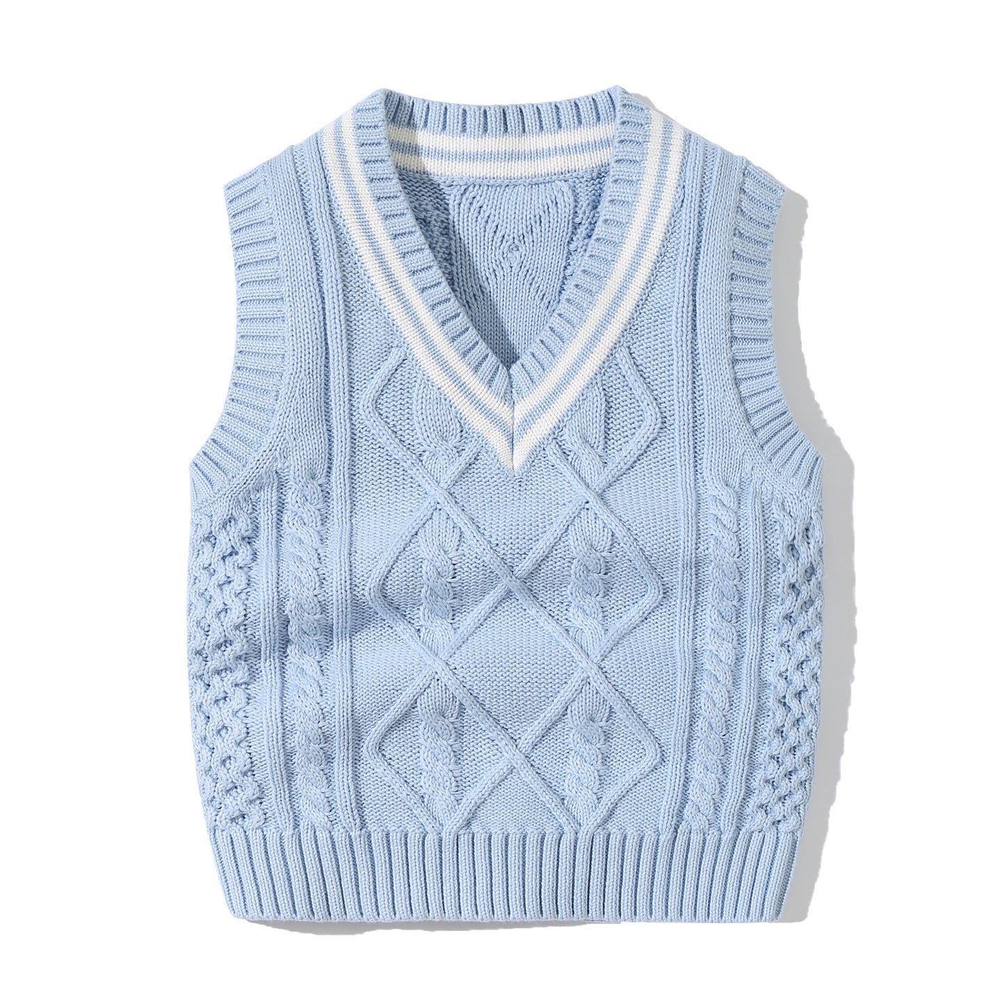 Crochet Knitting Pattern Striped V-Neck Design College Style Sleeveless Vest Sweater