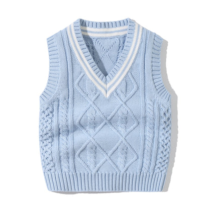 Crochet Knitting Pattern Striped V-Neck Design College Style Sleeveless Vest Sweater