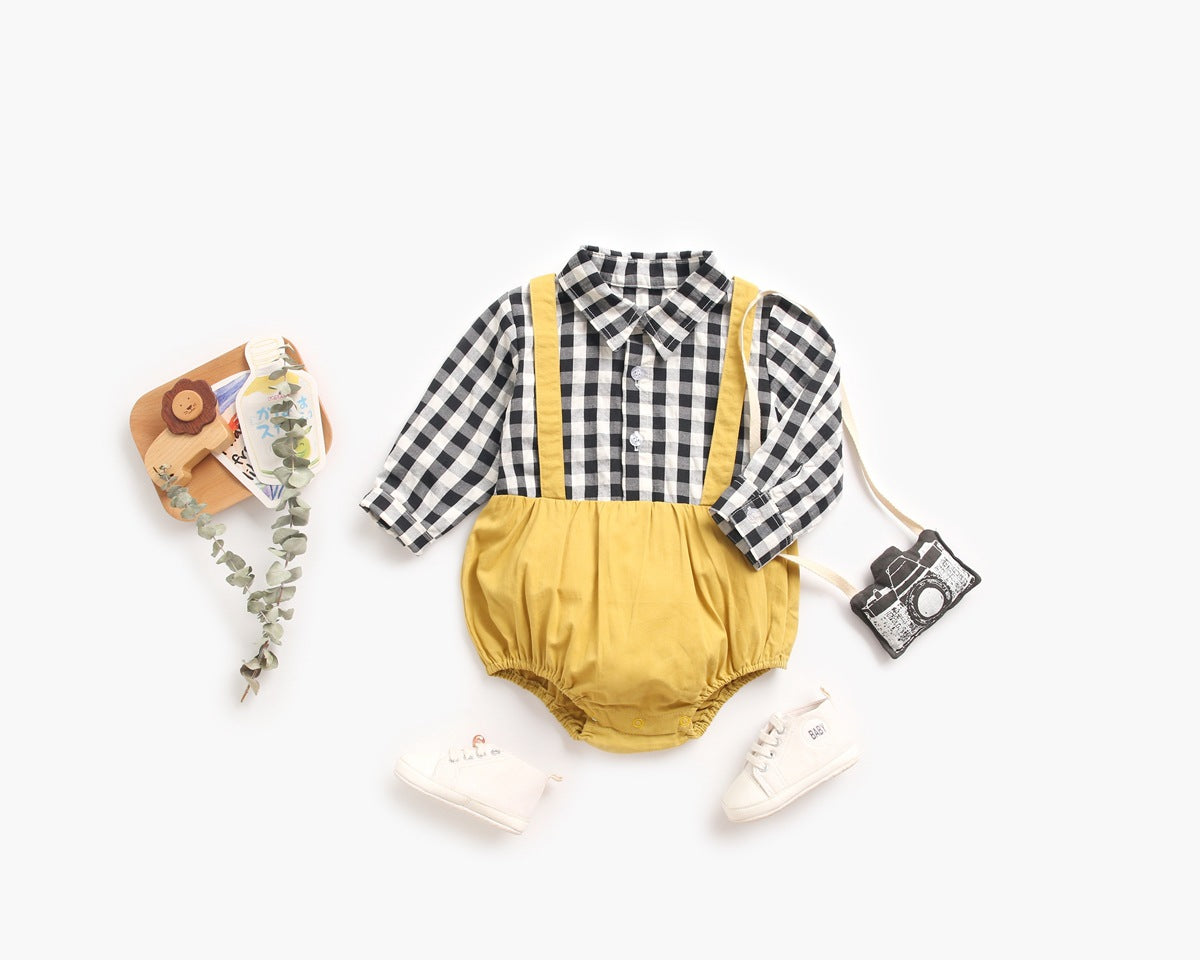 1pcs Plaid Pattern False 1 Pieces Design Lapel Bodysuit Onesies