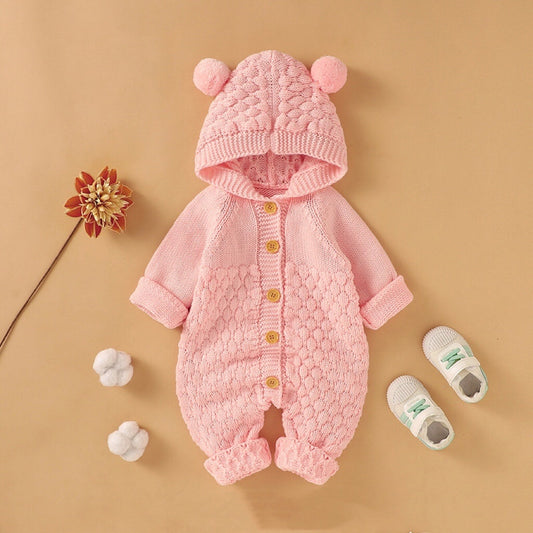 1pcs Cable Knitted Graphic Button Front Design Rompers With Hairball Patched Hat