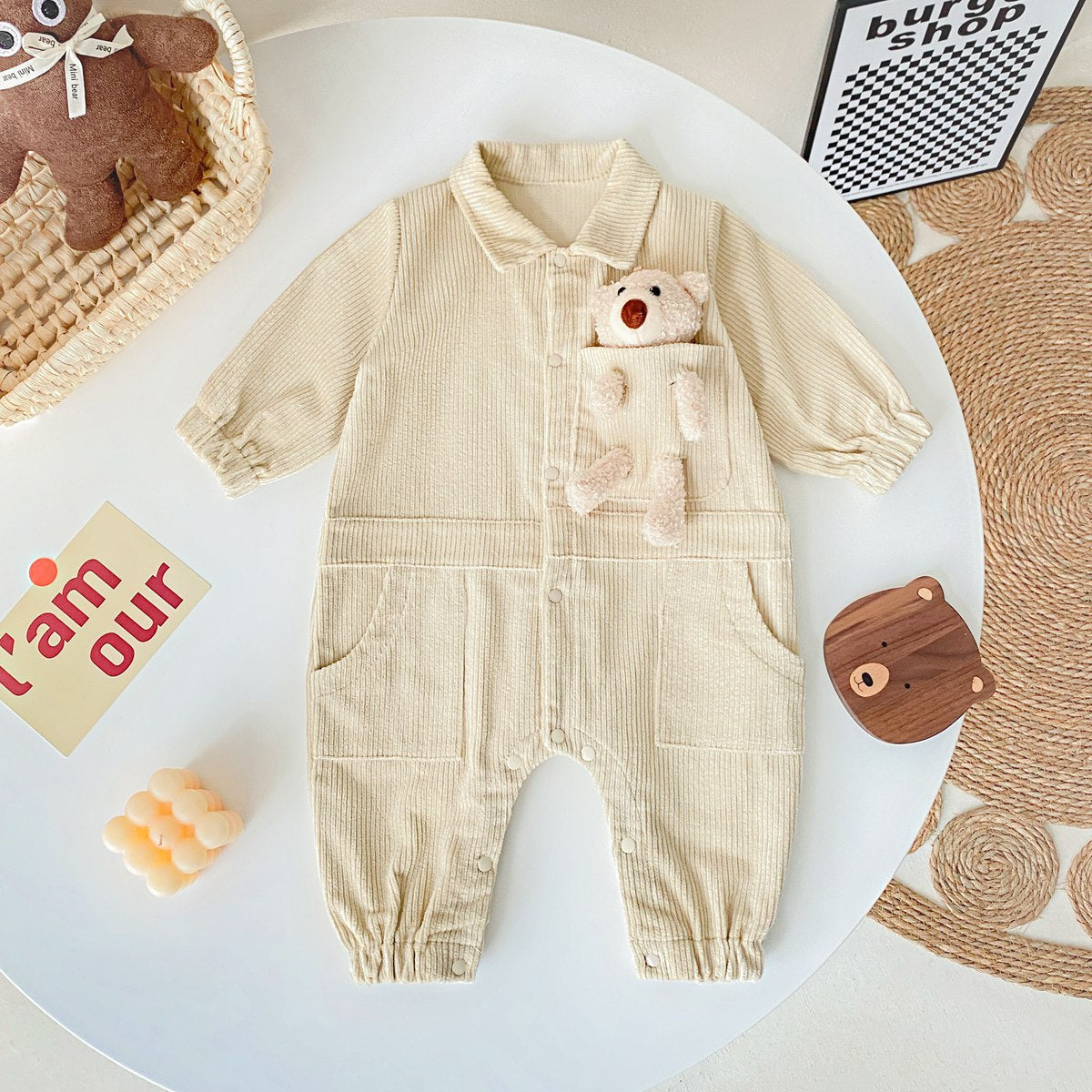 3D Cartoon Bear Patched Design Corduroy Fabric Button Front Romper