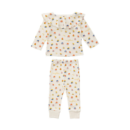 Cartoon & Plaid Pattern Ruffle Neck Design Long Sleeve Sets