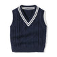 Crochet Knitting Pattern Striped V-Neck Design College Style Sleeveless Vest Sweater
