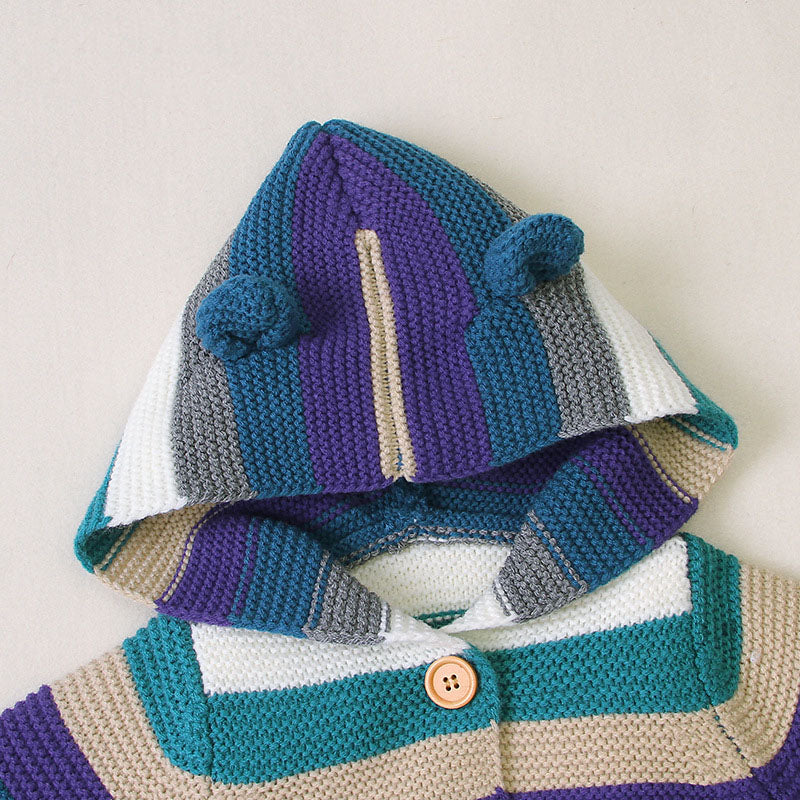 Colorful Striped Pattern Button Front Knitted Cardigan With Hat