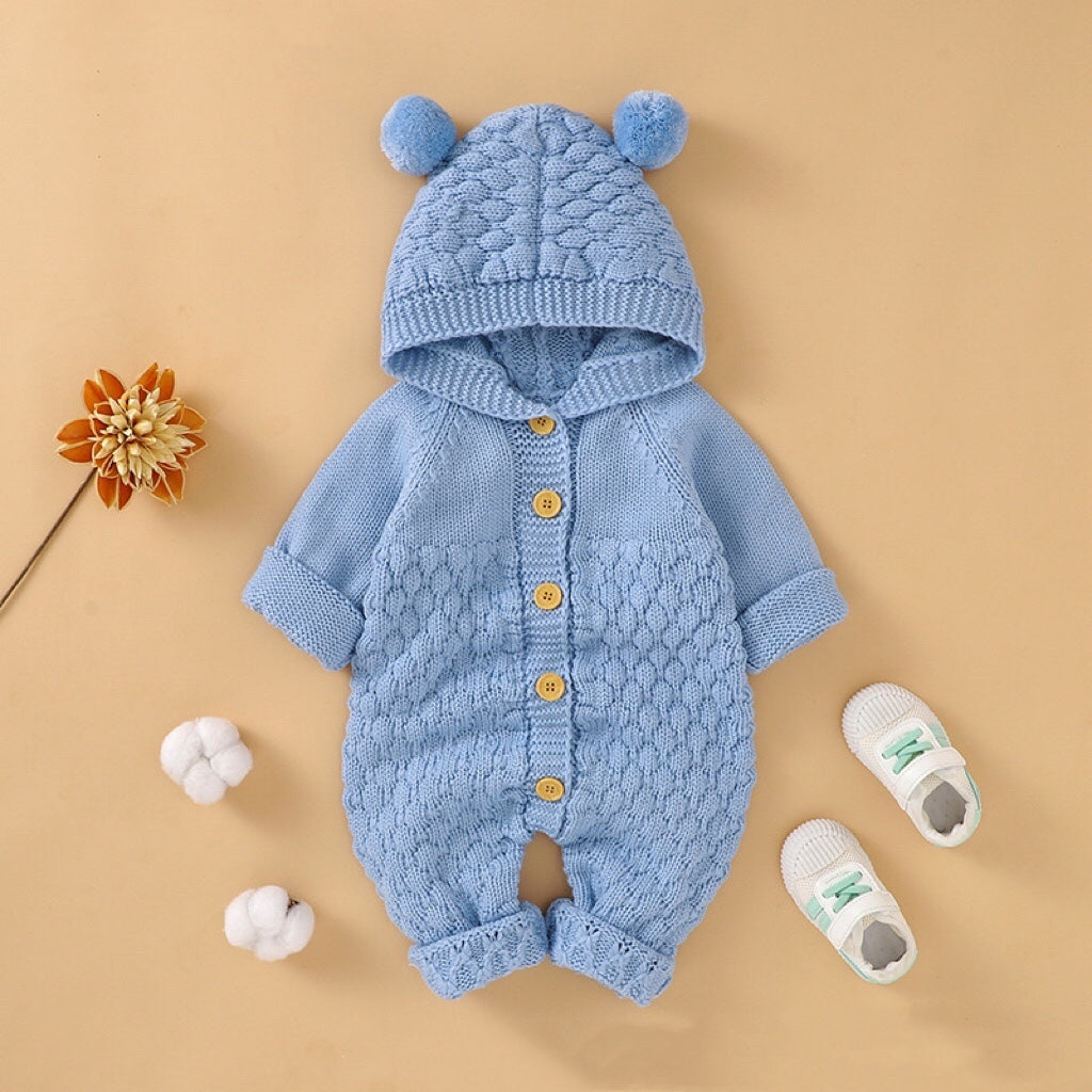 1pcs Cable Knitted Graphic Button Front Design Rompers With Hairball Patched Hat