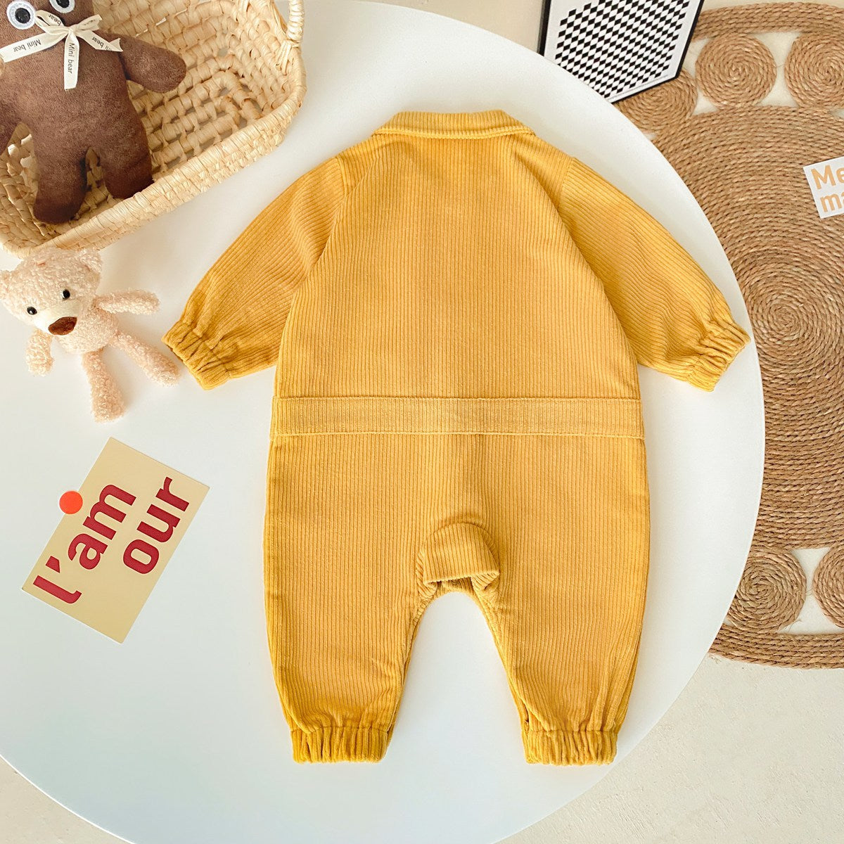 3D Cartoon Bear Patched Design Corduroy Fabric Button Front Romper