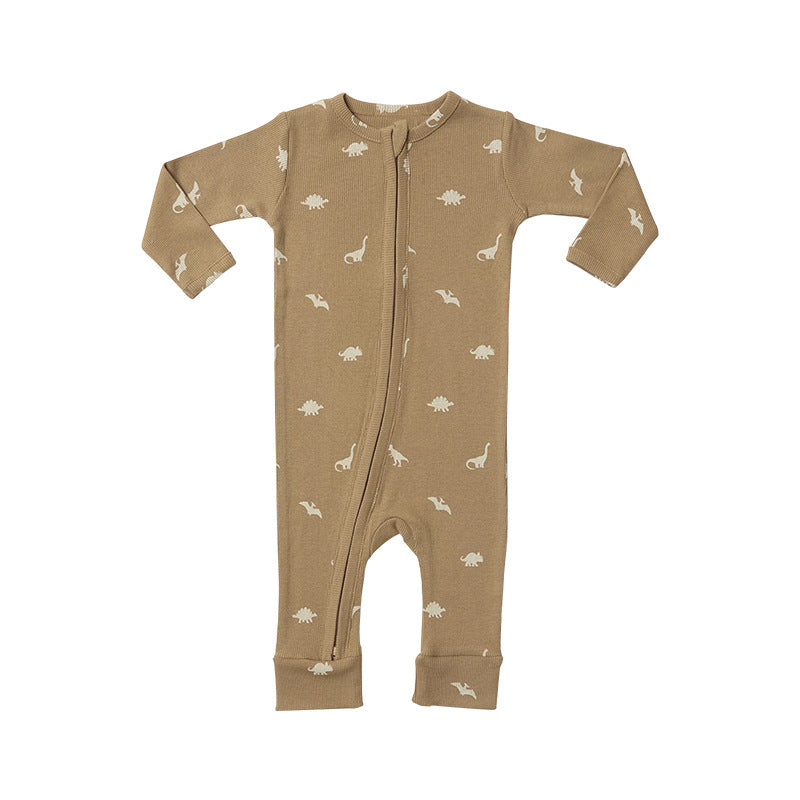 Dinosaur & Floral Print Pattern Zipper Front Design Jumpsuit