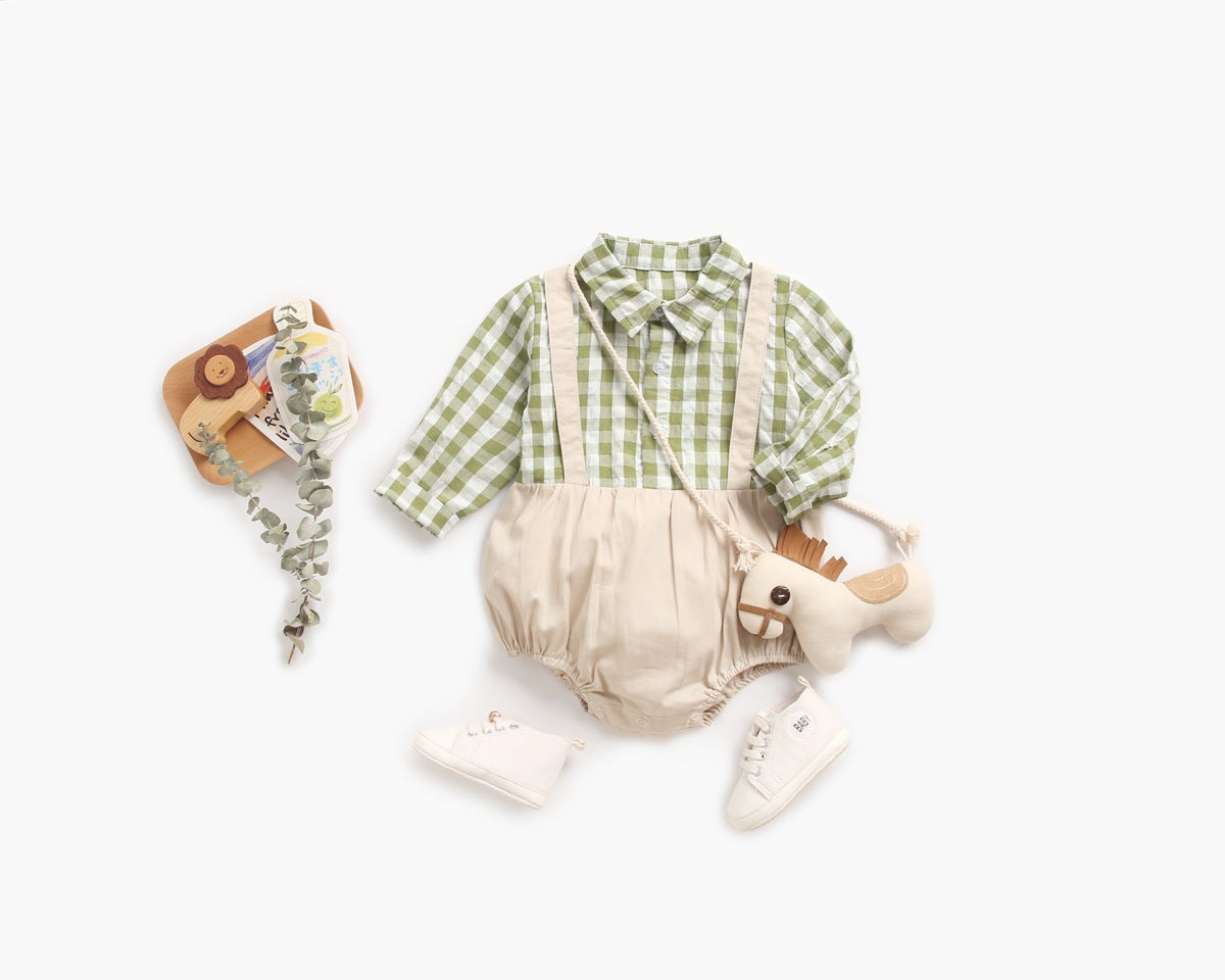 1pcs Plaid Pattern False 1 Pieces Design Lapel Bodysuit Onesies