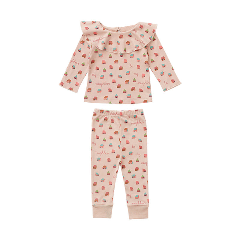 Cartoon & Plaid Pattern Ruffle Neck Design Long Sleeve Sets