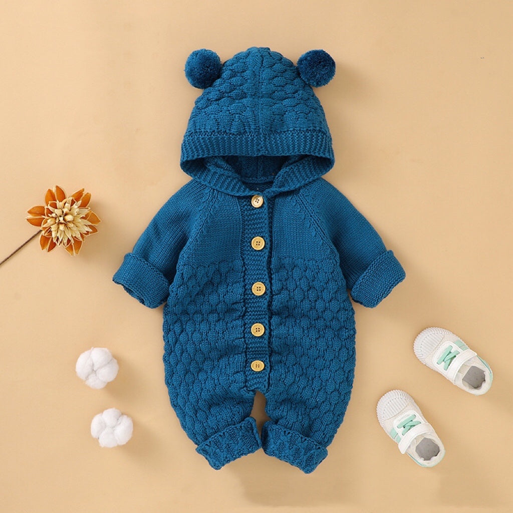 1pcs Cable Knitted Graphic Button Front Design Rompers With Hairball Patched Hat