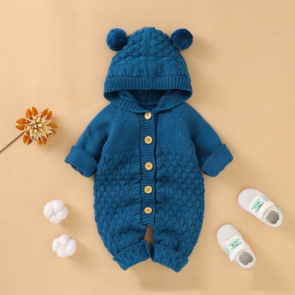 1pcs Cable Knitted Graphic Button Front Design Rompers With Hairball Patched Hat