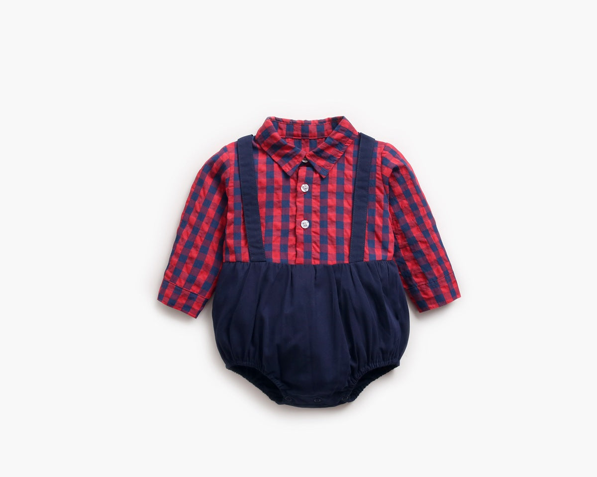 1pcs Plaid Pattern False 1 Pieces Design Lapel Bodysuit Onesies