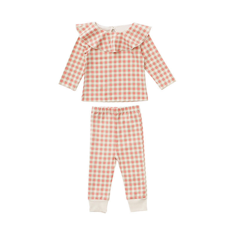 Cartoon & Plaid Pattern Ruffle Neck Design Long Sleeve Sets