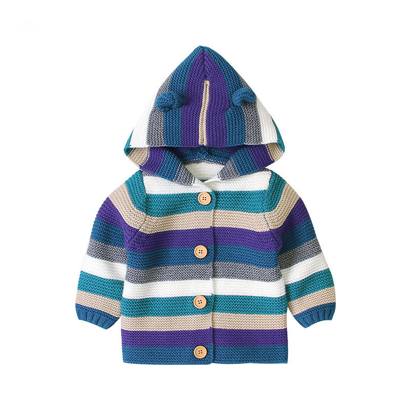 Colorful Striped Pattern Button Front Knitted Cardigan With Hat
