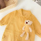 3D Cartoon Bear Patched Design Corduroy Fabric Button Front Romper