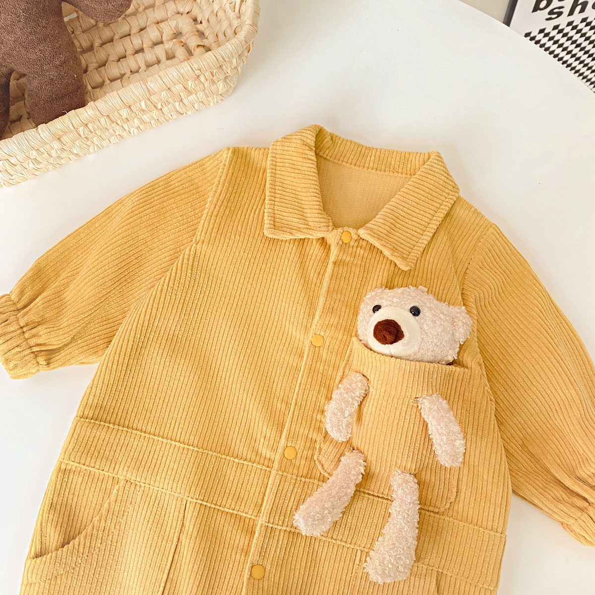 3D Cartoon Bear Patched Design Corduroy Fabric Button Front Romper