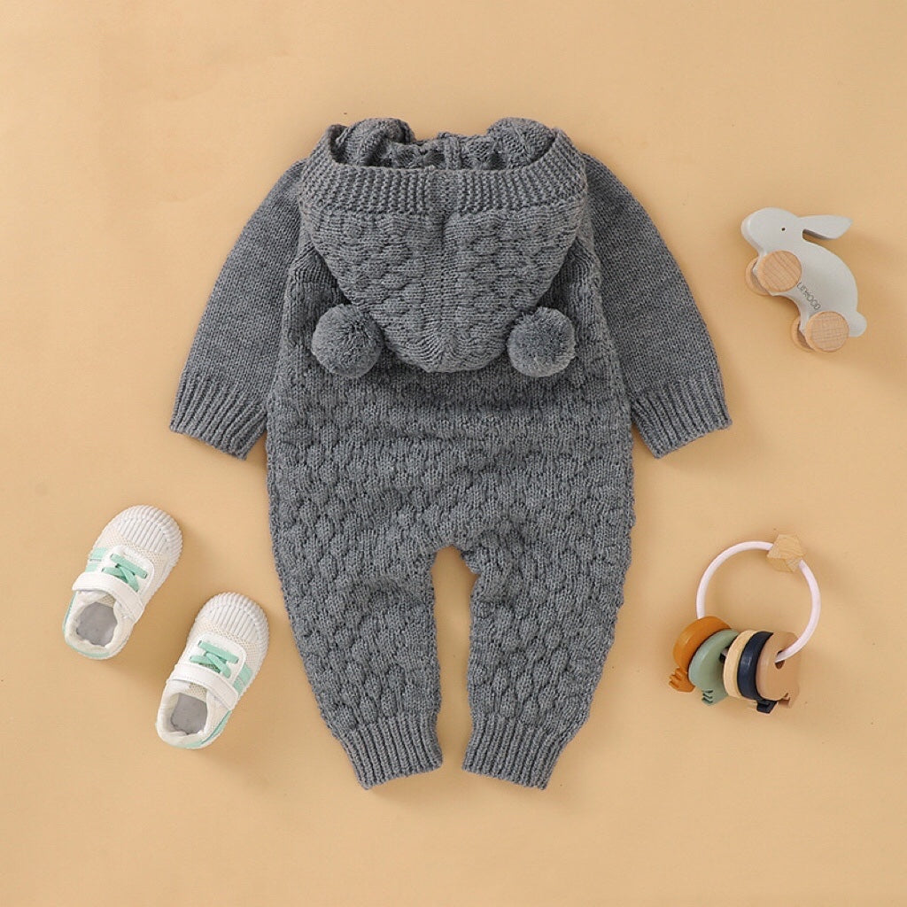 1pcs Cable Knitted Graphic Button Front Design Rompers With Hairball Patched Hat