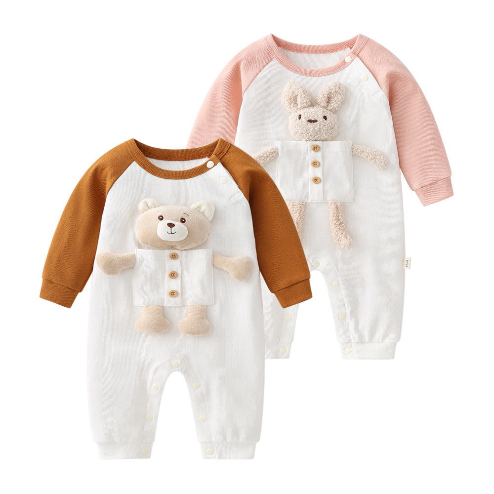 3D Cartoon Animal Patchwork Design Color Matching Long-Sleeved Rompers