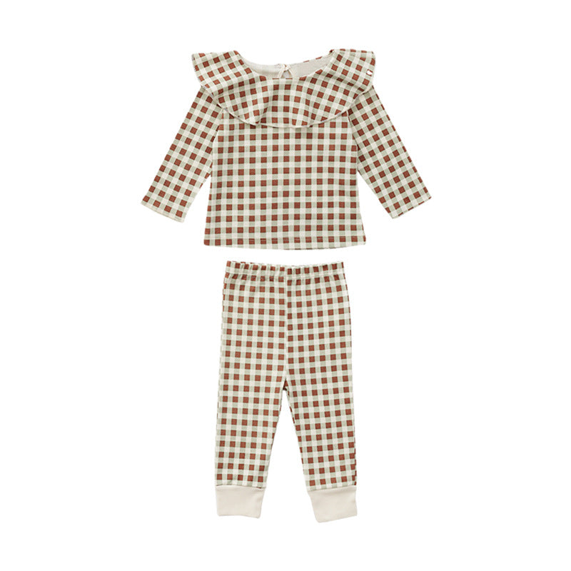 Cartoon & Plaid Pattern Ruffle Neck Design Long Sleeve Sets