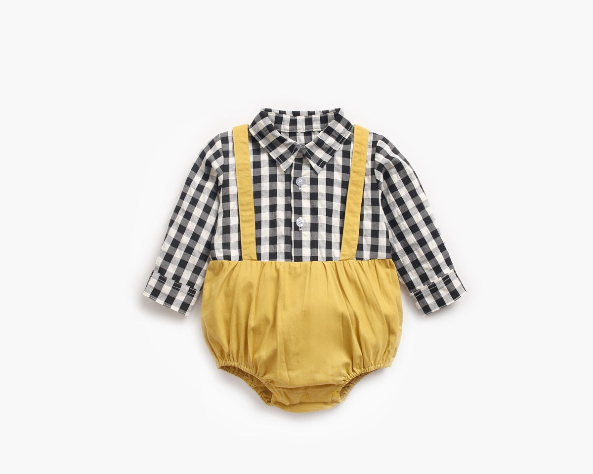 1pcs Plaid Pattern False 1 Pieces Design Lapel Bodysuit Onesies