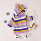 Colorful Striped Pattern Button Front Knitted Cardigan With Hat