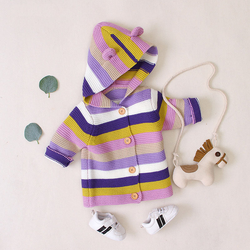 Colorful Striped Pattern Button Front Knitted Cardigan With Hat