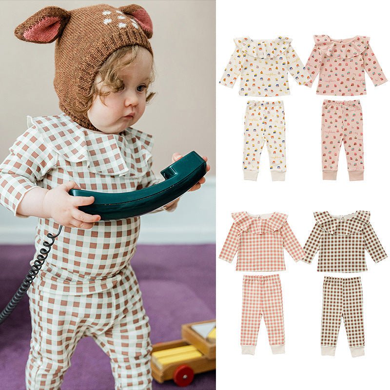 Cartoon & Plaid Pattern Ruffle Neck Design Long Sleeve Sets
