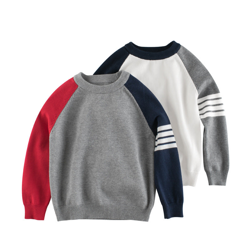 Contrast Design Side Striped Pattern Knitted Western Style Sweater