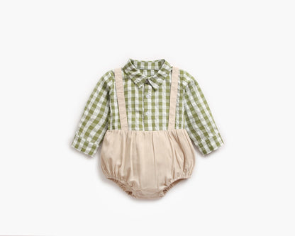 1pcs Plaid Pattern False 1 Pieces Design Lapel Bodysuit Onesies