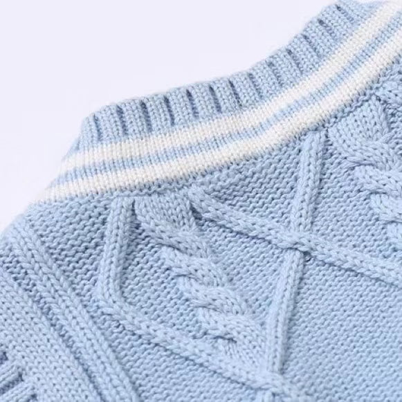 Crochet Knitting Pattern Striped V-Neck Design College Style Sleeveless Vest Sweater