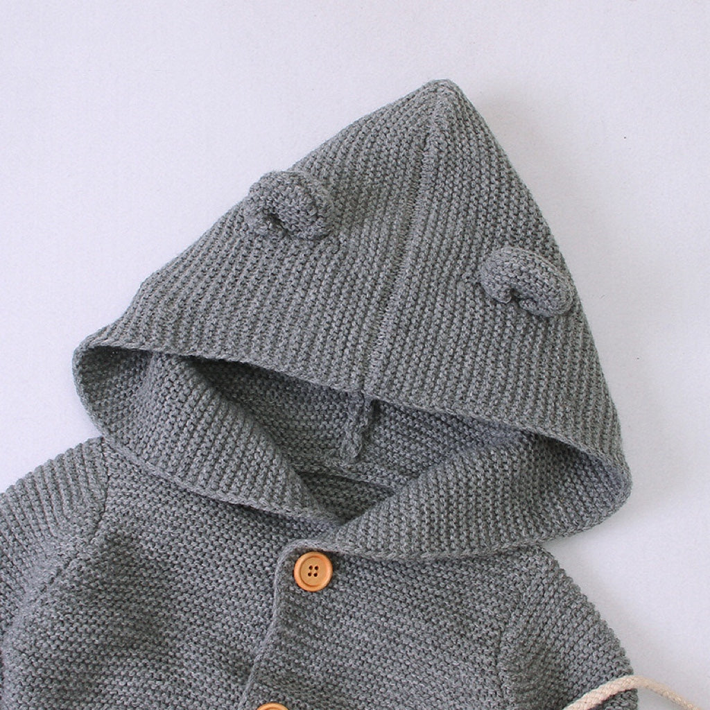 1pcs Cable Knitted Graphic Button Front Design Rompers With Hairball Patched Hat